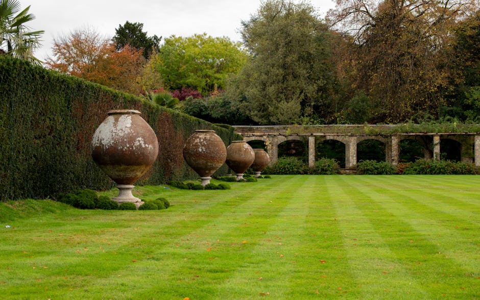 A landscaped garden area featuring a neatly mowed lawn with bright green, evenly striped grass. Along the left side, a tall, dense hedge with a dark green color acts as a natural boundary, next to fou